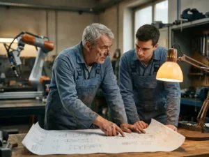 Ervaren ingenieur in blauwe overall bespreekt technische schematekening met jongere technicus in industriële werkplaats met collaboratieve robotarm op achtergrond.