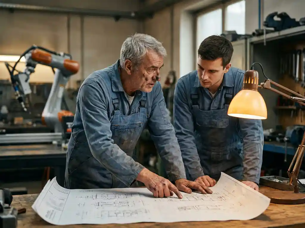 Ervaren ingenieur in blauwe overall bespreekt technische schematekening met jongere technicus in industriële werkplaats met collaboratieve robotarm op achtergrond.