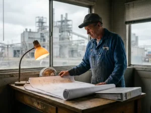 Ervaren ingenieur in blauwe overall bestudeert technische schema's aan werktafel, industriële faciliteit zichtbaar door raam op achtergrond.
