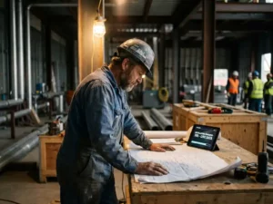 Ervaren ingenieur in blauwe overall bestudeert technische schema's en tablet met installatiedata in een industriële bouwlocatie.
