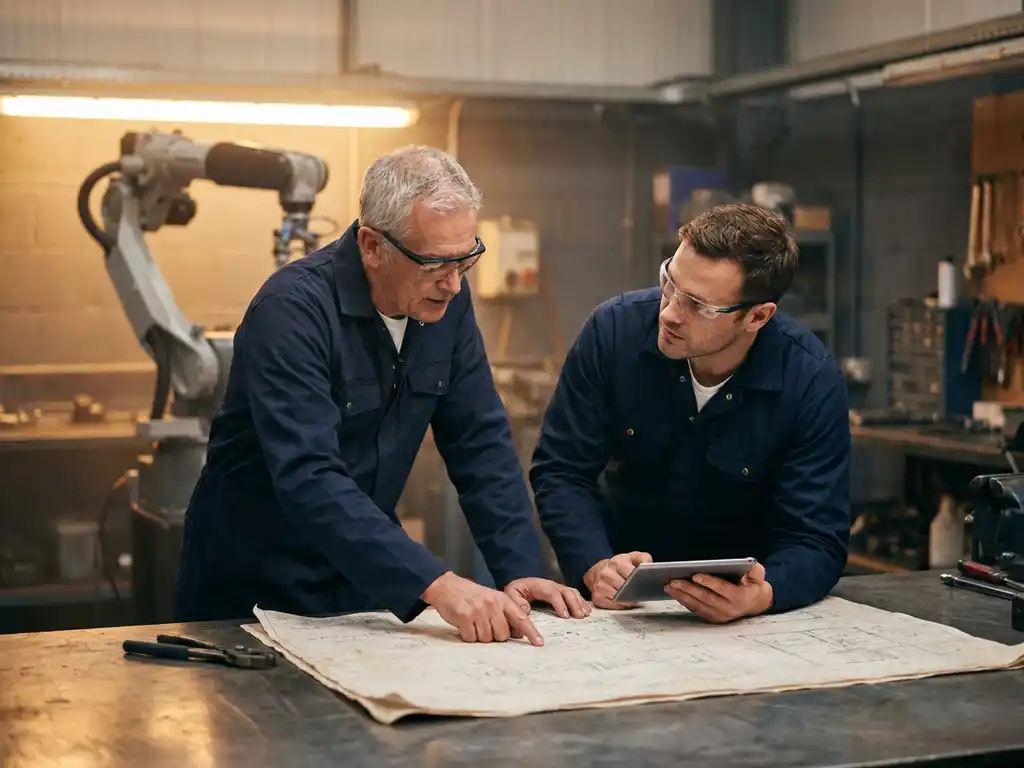 Twee ingenieurs in blauwe overall overleggen over technisch schema op werkbank, cobot-arm zichtbaar op achtergrond in industriële werkplaats.
