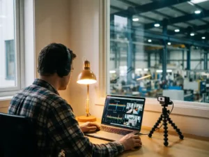 Engineer bewaakt live productiedashboards op laptop in thuiskantoor, met industriële fabriekshal zichtbaar door raam op de achtergrond.