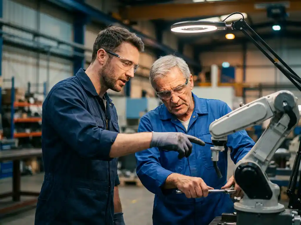 Twee ingenieurs in blauwe werkkleding en veiligheidsbril die samenwerken aan een robotarm in een moderne industriële werkplaats.