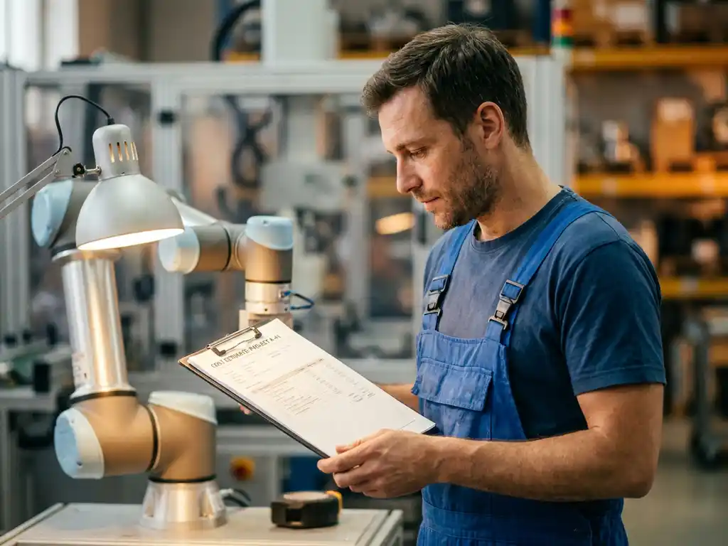 Mannelijke ingenieur in blauwe overall bestudeert kostenraming op klembord naast collaboratieve robotarm in industriële werkplaats.