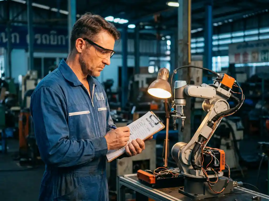 Mannelijke ingenieur in blauwe overall en veiligheidsbril controleert kwaliteitschecklist naast robotarm in buitenlandse fabriek.