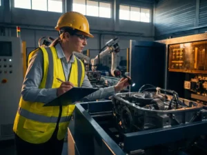 Kwaliteitscontroleur in veiligheidsvest inspecteert machineryonderdelen op buitenlandse fabrieksvloer met klembord in hand.