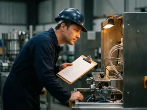 Kwaliteitscontroleur in blauwe overall inspecteert checklist op klembord naast gedeeltelijk gemonteerde industriële machine.