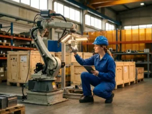 Kwaliteitscontroleur in blauwe overall inspecteert metalen component naast robotarm in fabriek, met exportkratten op de achtergrond.