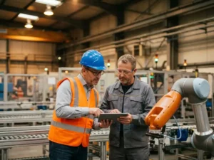 Projectliaison in blauwe helm en veiligheidsvest overlegt met fabrieksingenieur naast een collaboratieve robotarm op de productievloer.