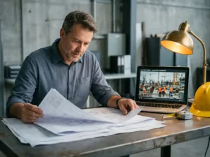 Projectmanager bestudeert technische blauwdrukken op stalen bureau met laptop, bouwhelm en meetgereedschap in warm amberkleurig licht.