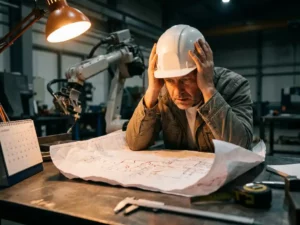 Gestreste projectmanager met bouwhelm bestudeert blauwdrukken op stalen werktafel, robotarm zichtbaar op achtergrond, industriële omgeving.