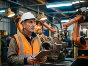 Projectmanager met helm en veiligheidsvest houdt klembord vast bij industriële automatiseringsinstallatie met robotarmen op fabriekshal.