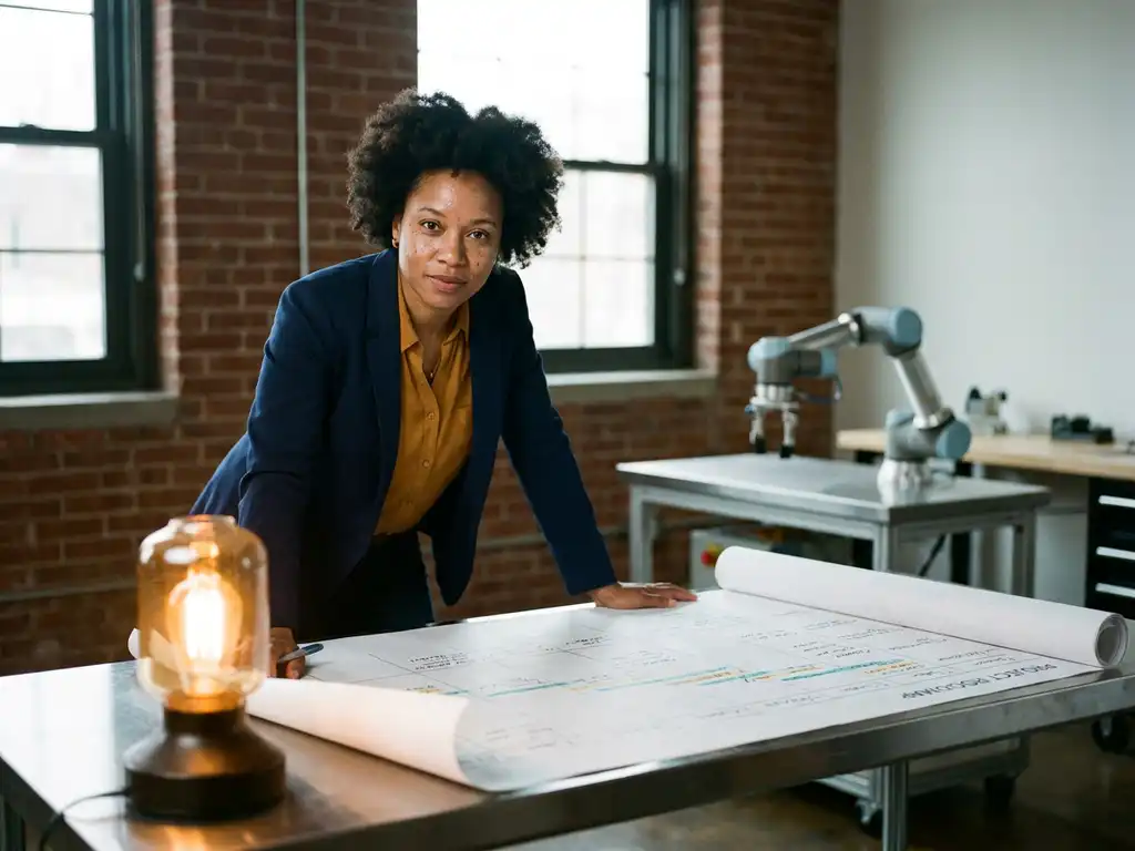 Projectmanager in smart casual kleding bestudeert een grote gedrukte roadmap op een industrieel bureau, met een collaboratieve robotarm op de achtergrond.