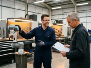 Ingenieur in blauwe overall en veiligheidsbril installeert robotarm, terwijl collega technische schema's raadpleegt in moderne werkplaats.