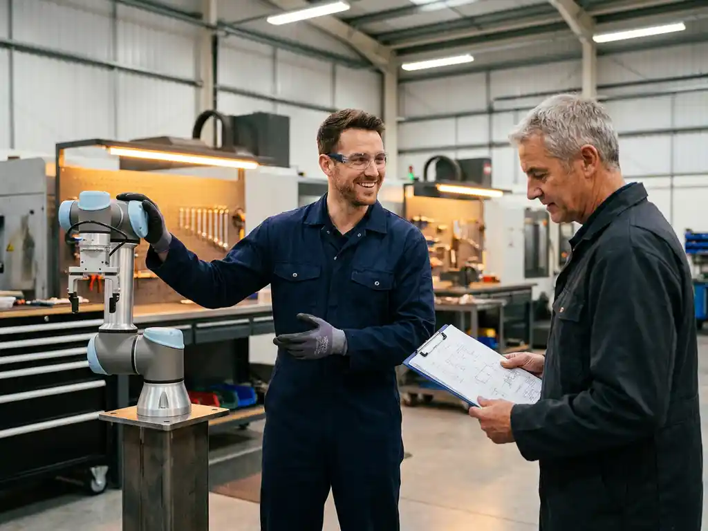 Ingenieur in blauwe overall en veiligheidsbril installeert robotarm, terwijl collega technische schema's raadpleegt in moderne werkplaats.