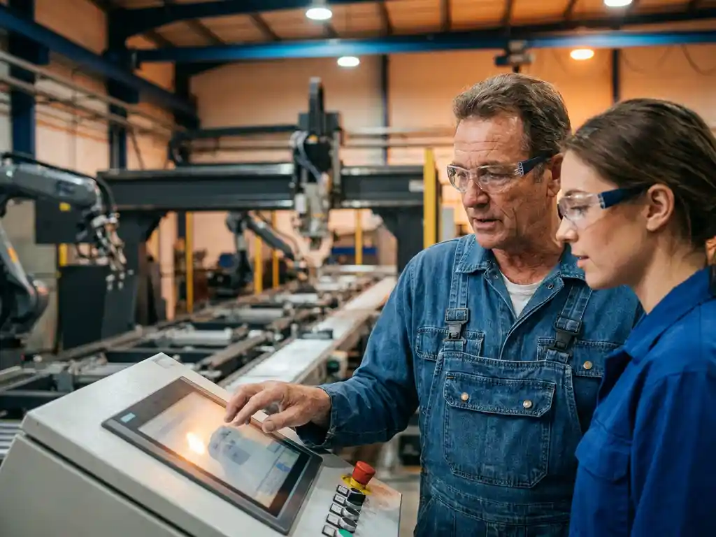 Ervaren ingenieur in blauwe overall begeleidt jongere collega bij programmeren van robotarm op touchscreen bedieningspaneel.