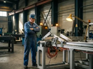 Sitemanager in blauwe overall met gekruiste armen inspecteert gedeeltelijk gemonteerd robotisch transportsysteem in industriële fabriek.