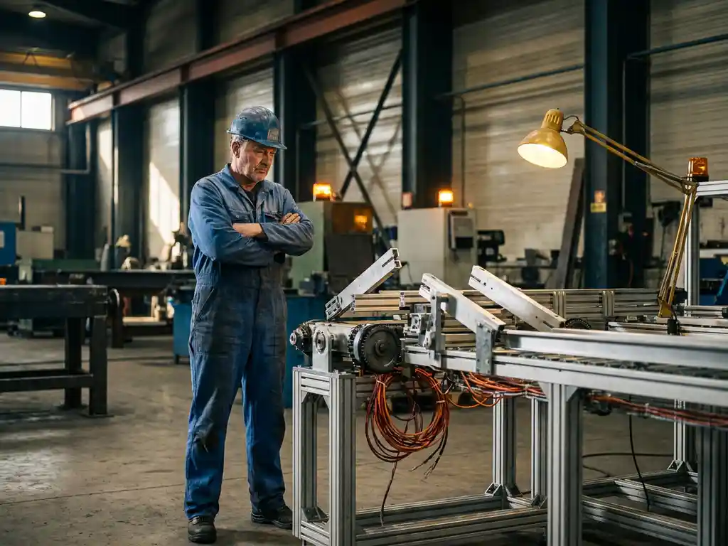 Sitemanager in blauwe overall met gekruiste armen inspecteert gedeeltelijk gemonteerd robotisch transportsysteem in industriële fabriek.