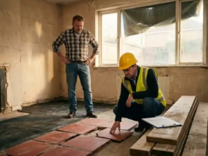 Gefrustreerde huiseigenaar naast een bouwkundige die slecht tegelwerk inspecteert in een half afgewerkte kamer met gebarsten muren.