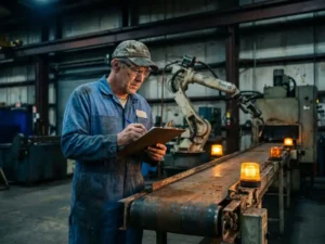 Fabrieksingenieur in blauwe overall inspecteert defecte transportband met knipperende amberkleurige waarschuwingslichten in industriële hal.