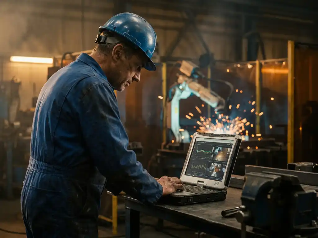 Veldtechnicus in blauwe overall bewaakt robotlascel op industriële laptop, vonken gloeien op donkere fabriekshal op de achtergrond.