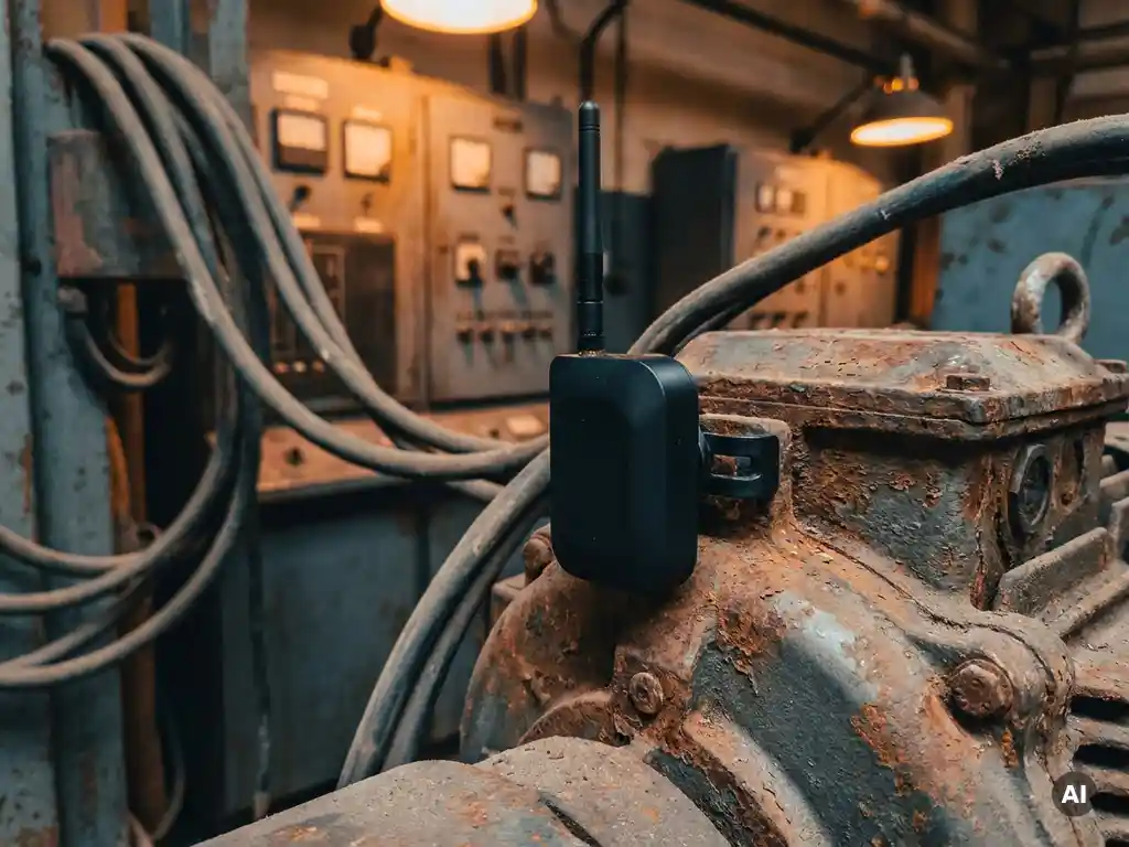 Draadloze sensor geklemd op verouderde industriële machine met roestig gietijzer en legacy bedieningspanelen op de achtergrond.