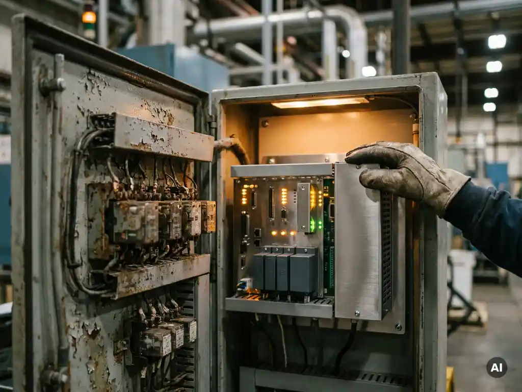 Technicus installeert moderne printplaat in verouderd industrieel schakelkast, contrast tussen roestige en nieuwe componenten, fabrieksomgeving.
