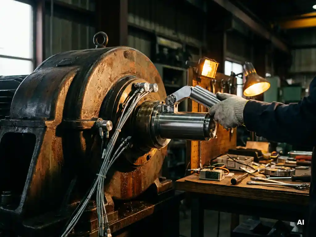 Verouderde industriële machine met nieuwe robotarm op fabrieksloer, vers bedrading en sensoren contrasteren met gehavend staal.