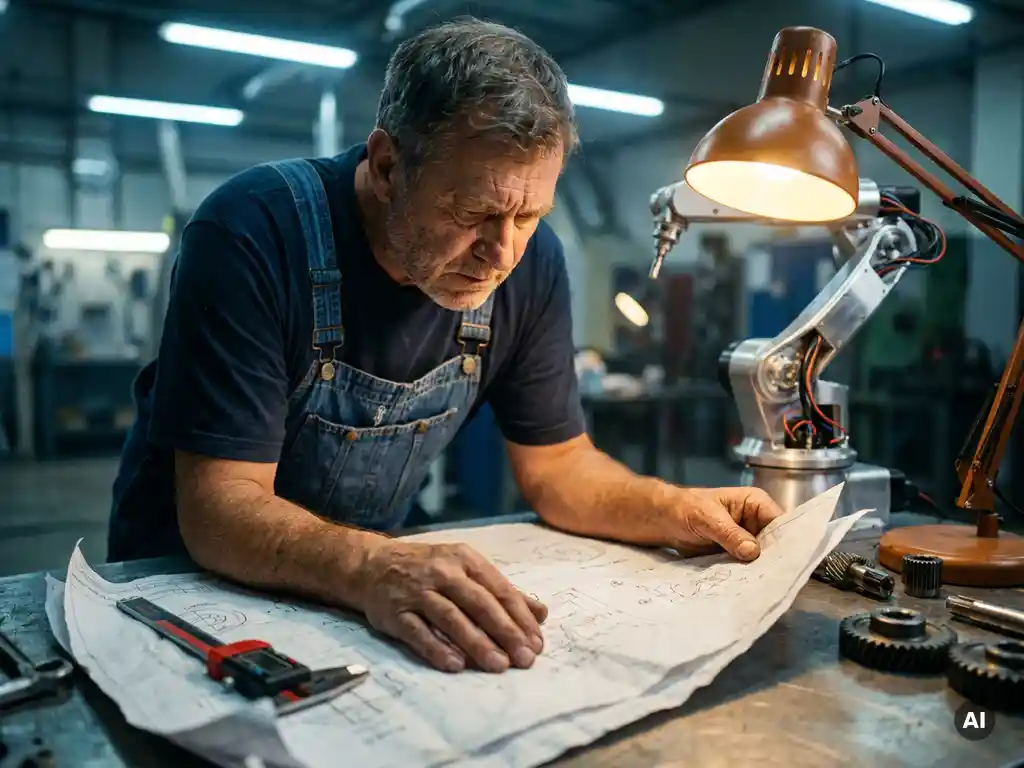 Ervaren ingenieur in blauwe overall bestudeert technische schema's op stalen werkbank, robotarm en digitale schuifmaat op de achtergrond.