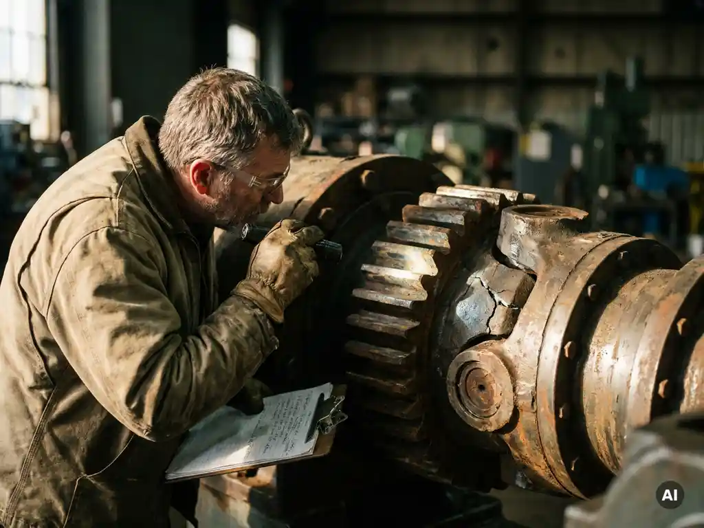 Industrieel technicus inspecteert versleten tandwielassemblage met zaklamp en klembord, roest en vermoeidheidsscheuren zichtbaar op metalen onderdelen.