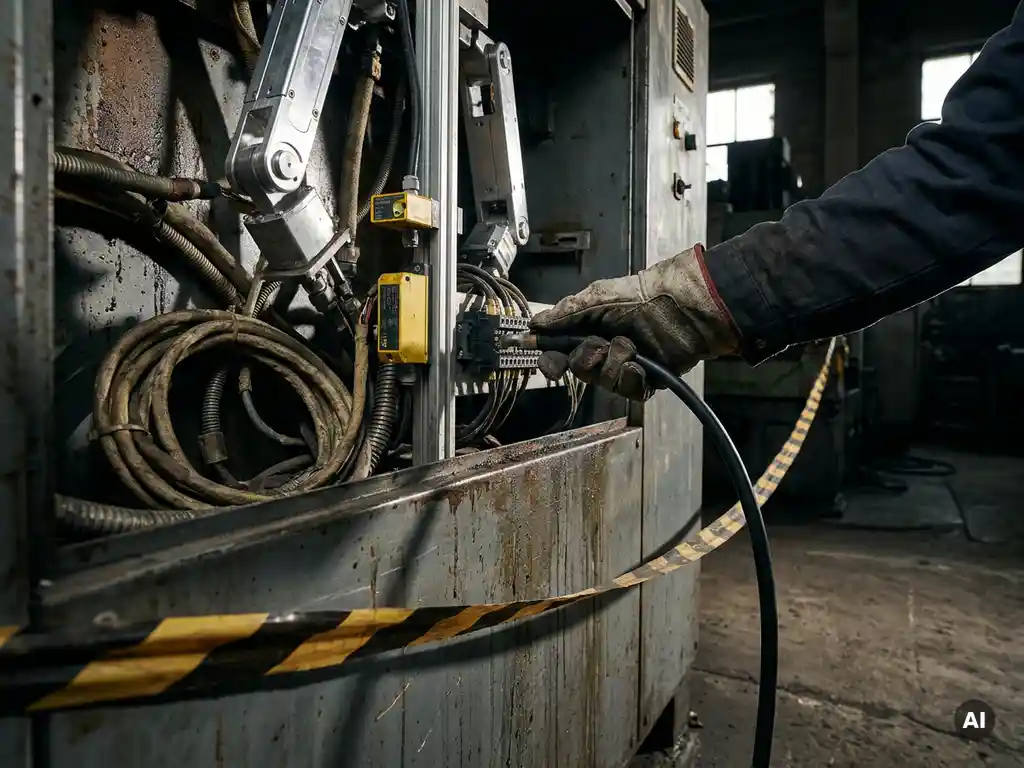 Technicus verbindt kabel in geopende industriële machine met zichtbare legacy-bedrading en nieuwe robotcomponenten op donkere fabriekshal.