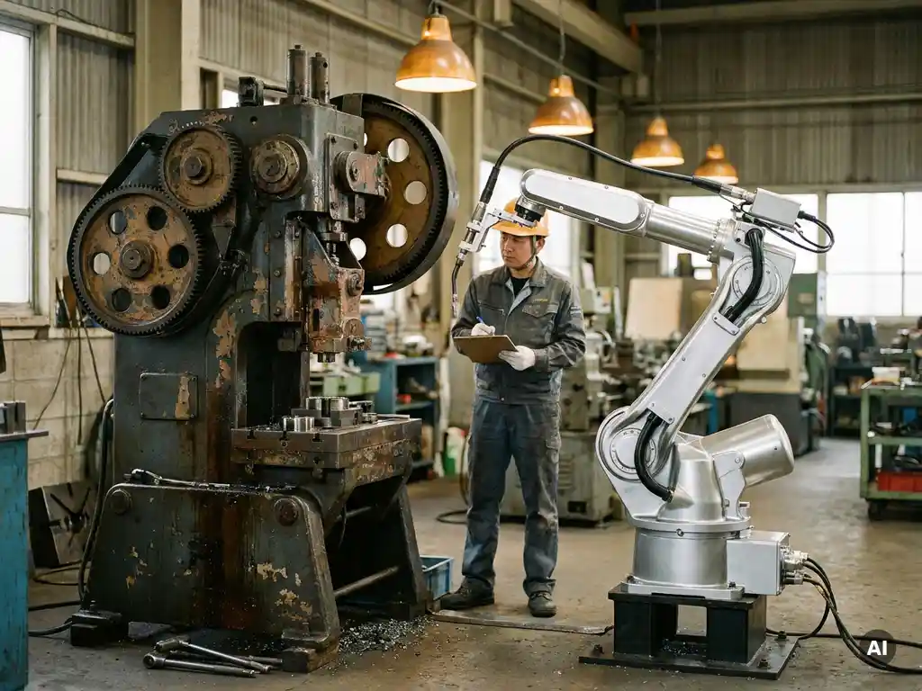 Monteur vergelijkt verouderde industriële machine met nieuwe robotarm op fabrieksvloer, warm taaklicht op staal en gesleten metaal.