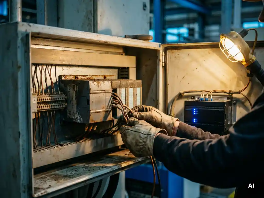 Technicus vervangt verouderde PLC door moderne controller in industriële schakelkast, met koperen bedrading en klemmenblokken zichtbaar.