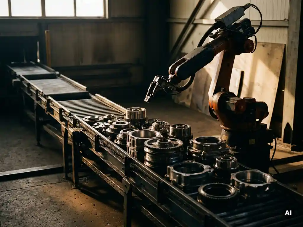 Industriële transportband verstopt met gestapelde metalen onderdelen, robotarm stilstaand naast de opstopping in een verder lege productielijn.