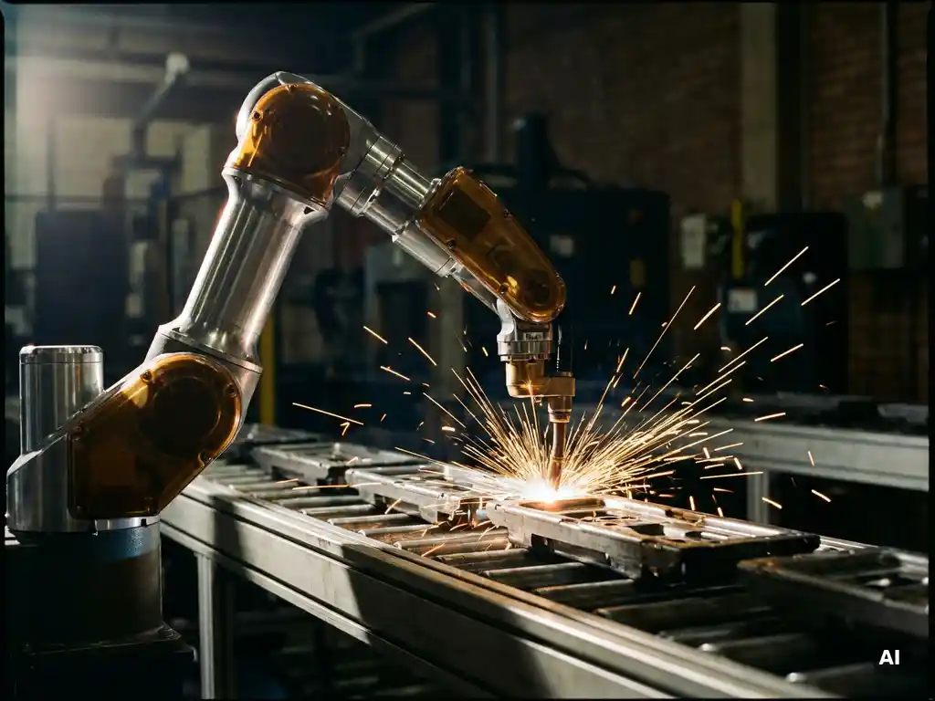 Industriële robotarm last metaalonderdelen op lopende band, gouden vonken spatten tegen donkere fabrieksachtergrond.