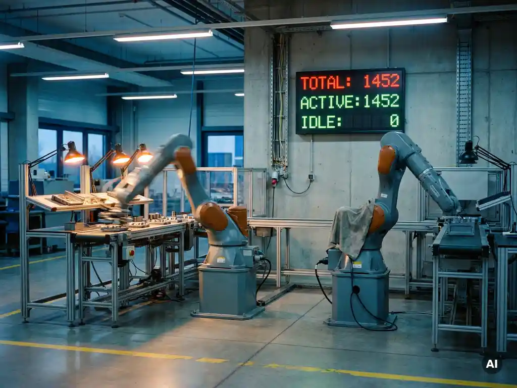 Twee industriële robotarmen op fabriekswerkvloer, één actief in productie, één stilstaand, met digitale teller aan de muur.