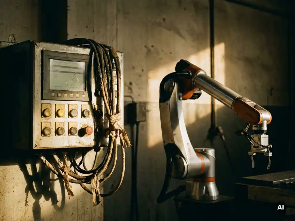 Verouderd industrieel bedieningspaneel met vergaalde knoppen en versleten bedrading naast een moderne robotarm in een fabriek.