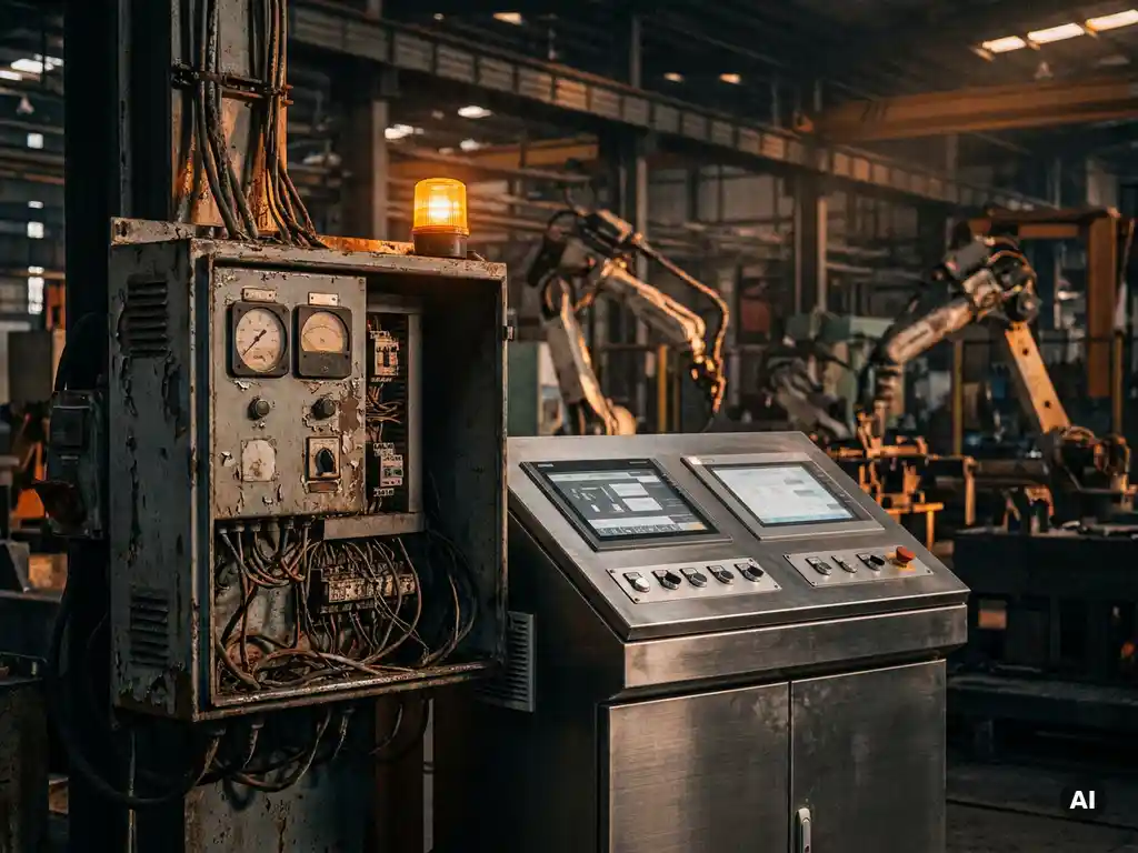 Verouderd industrieel PLC-schakelkast met gecorrodeerde bedrading naast modern automatiseringspaneel op fabriekslocatie met robotarmen.